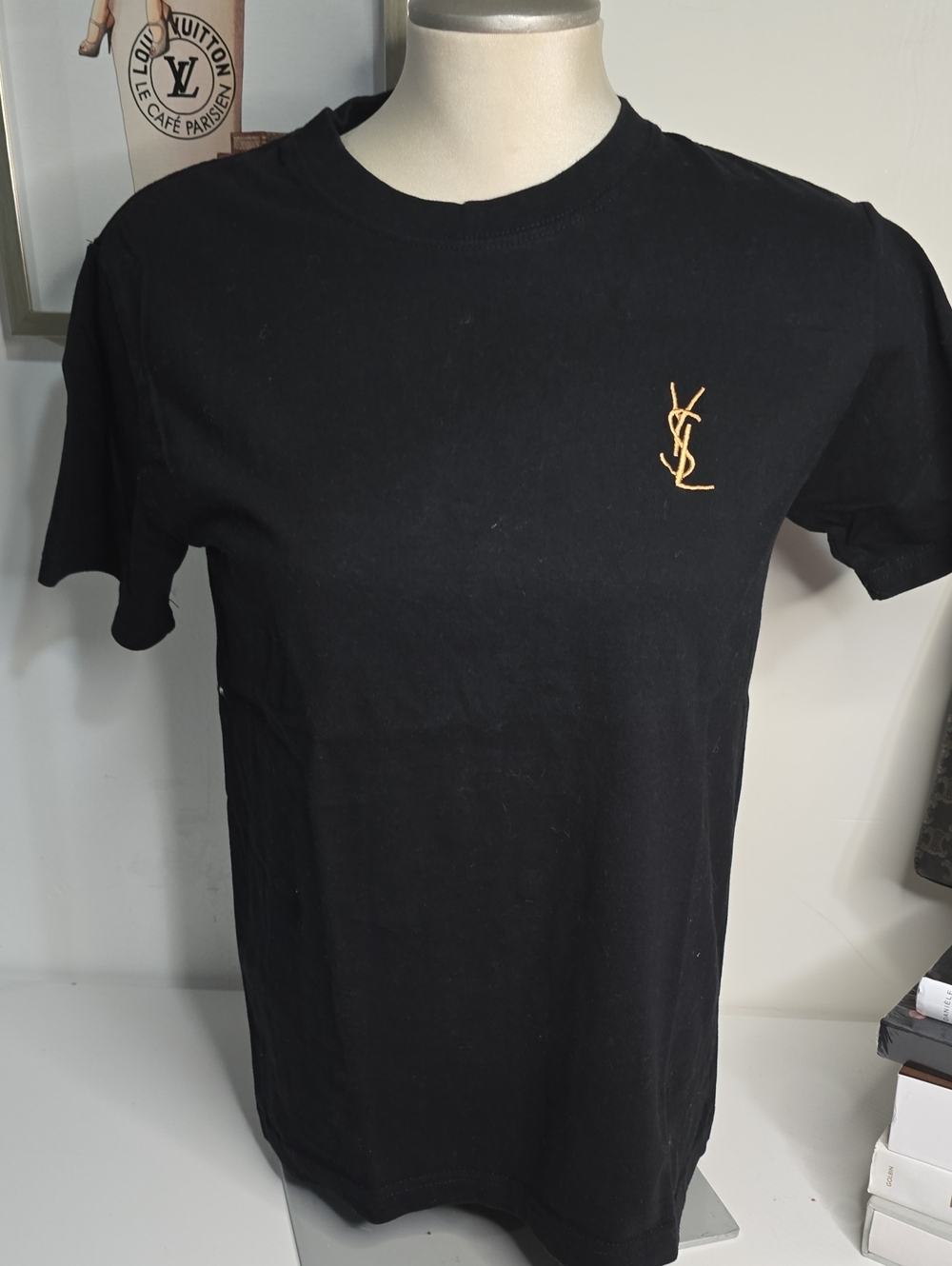 Black Tee with Gold YSL Monogram